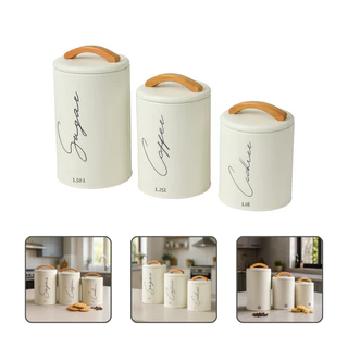Kit 3 Potes Herméticos Mantimentos Lata Com Tampa E Alça Em Bambu Açúcar Café E Cookies