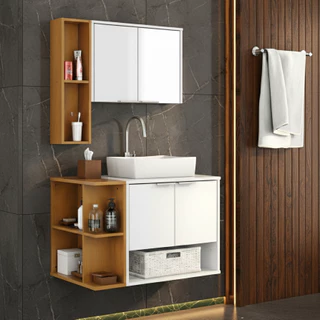 KIT Gabinete Banheiro Completo Ibiza Branco TOP com Cuba Elevada, 2 Portas, Armário Espelheira e Nichos Laterais