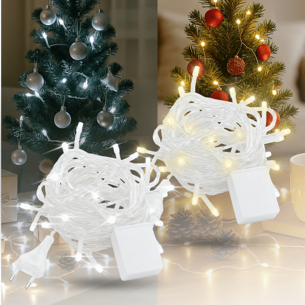 Cordão Pisca Natal 100Leds 9m Fio Transparente 8 Funções Cor 3000k/6000k Decoração Árvore Natal