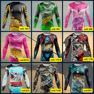 Camisa Camiseta de Pesca Esportiva e Profissional com Proteção UV Várias Estampas Peixe