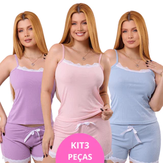 Kit 3 Pijamas Baby Doll Feminino Canelado Renda Luxo Conforto Sexy em Oferta na Shopee