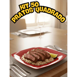 Kit 50 Prato Liso com Borda Refeição Churrasco Festa Pratos Plastico Quadrado Resistente e duravél