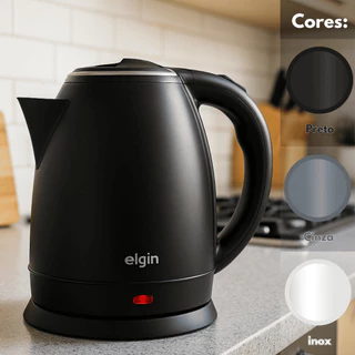 Chaleira Elétrica 1.8L Inox Elgin Sem Fio 127V ou 220V Original - Cores: Preta / Prata / Cinza