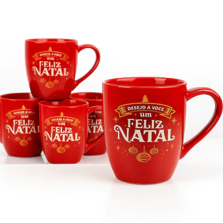 Kit 12 Canecas Personalizadas de Porcelana 250 ml Feliz Natal Vermelha