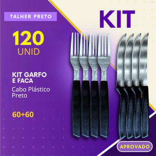 Kit 120 Talheres Garfos Facas de Inox Cabo Preto Plastico Refeições Bares Restaurante Churrascaria