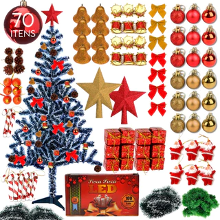 Árvore De Natal 1,50 metros Nevada Decorada 70 Enfeites Pisca Pisca Completa 220 galhos kit
