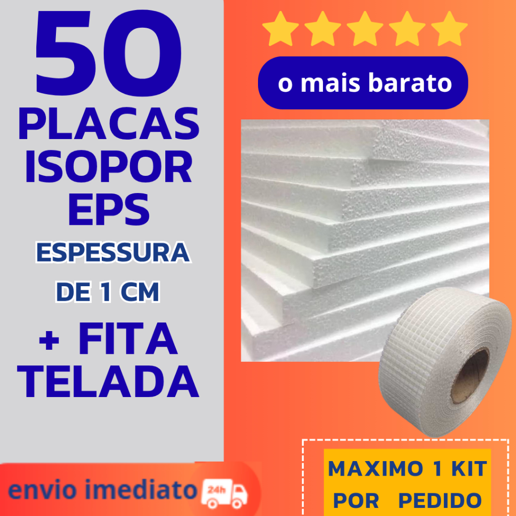 *KIT 50 PLACAS DE ISOPOR EPS ANTICHAMAS 1 METRO POR 50CM + FITA TELADA ...