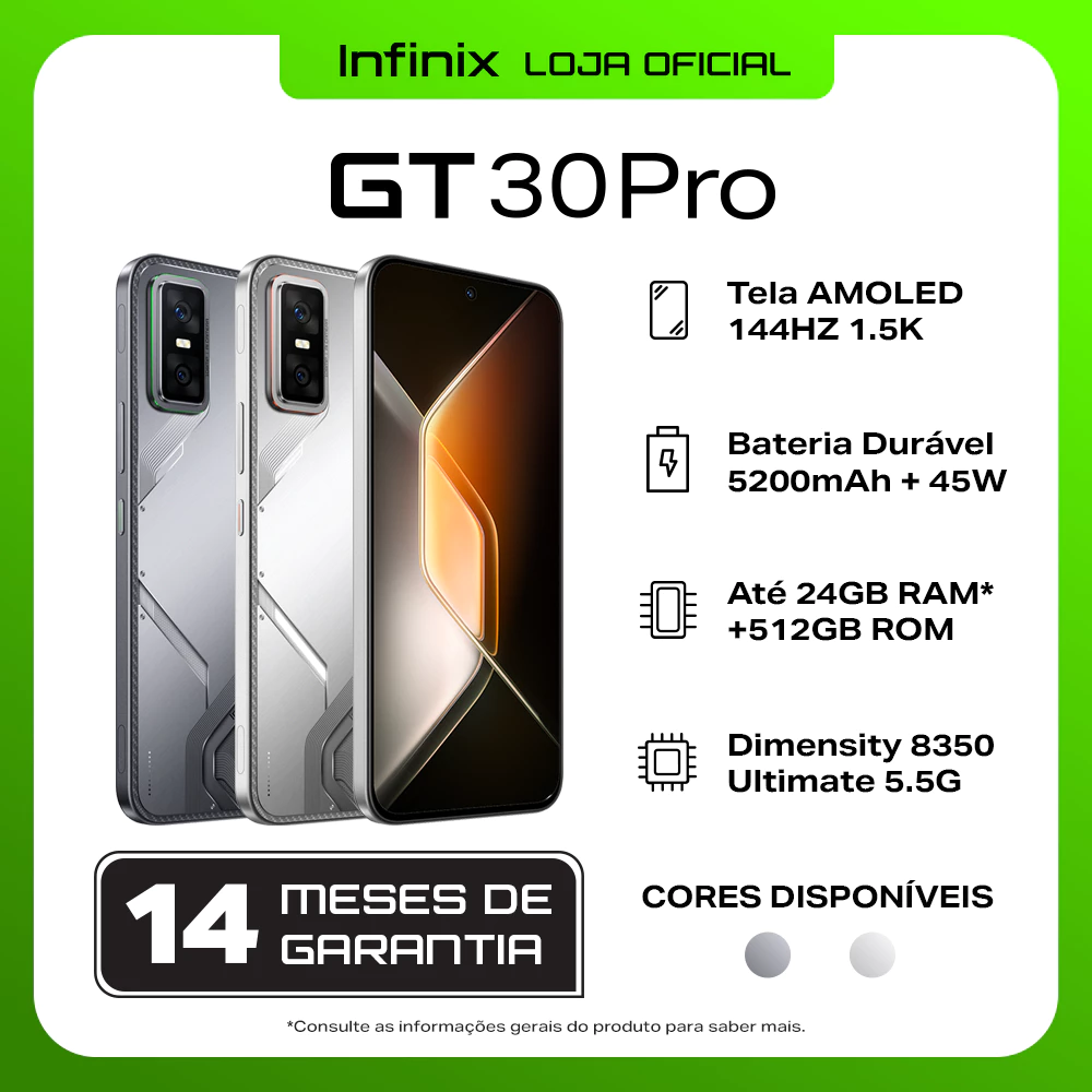Celular Infinix GT 30 Pro 12GB+512GB–Até 24GB de RAM Extendida–Dimensity 8350 Ultimate Câmera de 108MP NFC