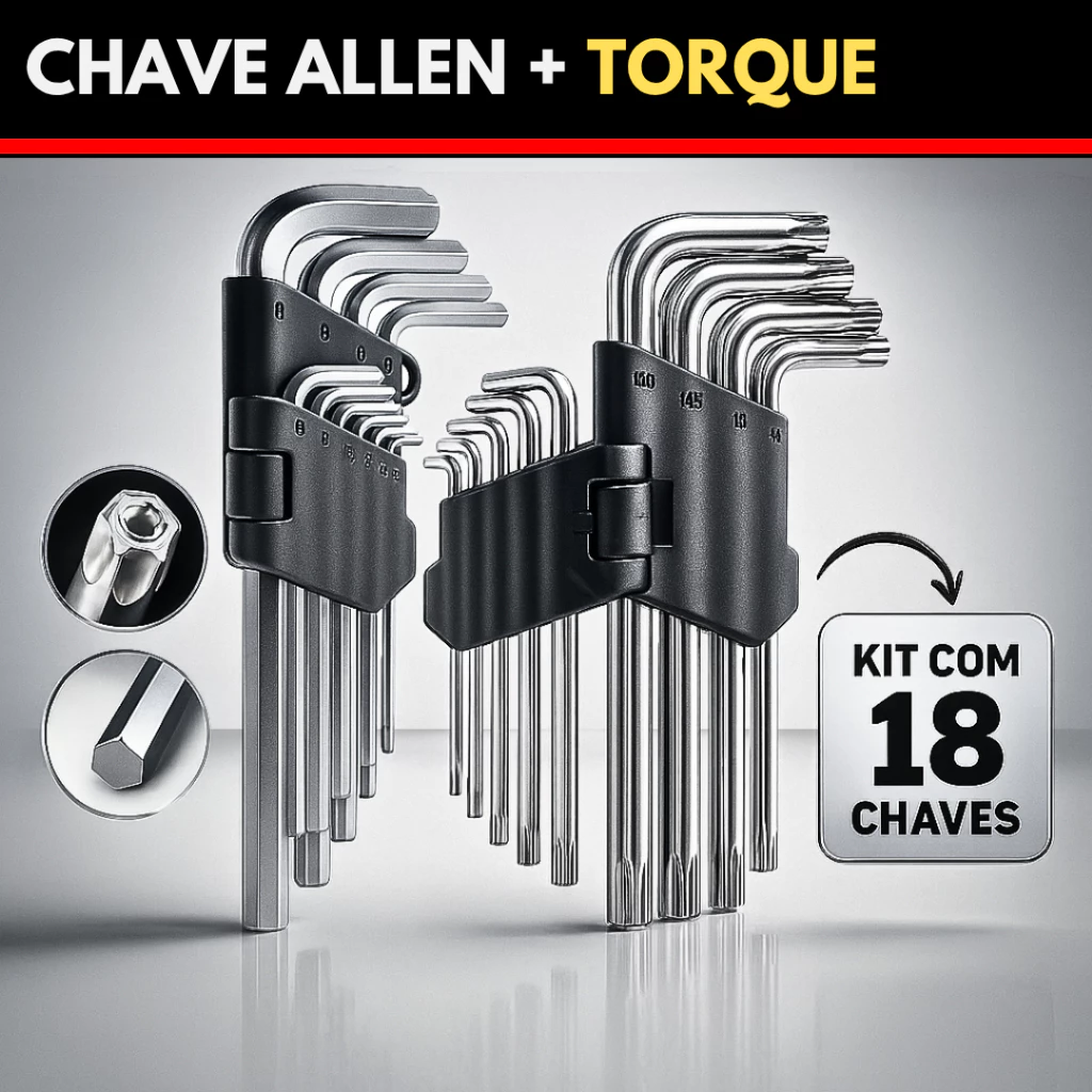 Jogo de Chave Torx + Jogo Allen Curta Kit com 18 Peças Torque e Allen T10 até T50