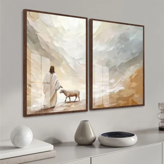 Quadro Moldura Vidro Kit 2 Peças Grandes Religioso Jesus Pastor Cordeiro Deus Quarto Sala Escritório