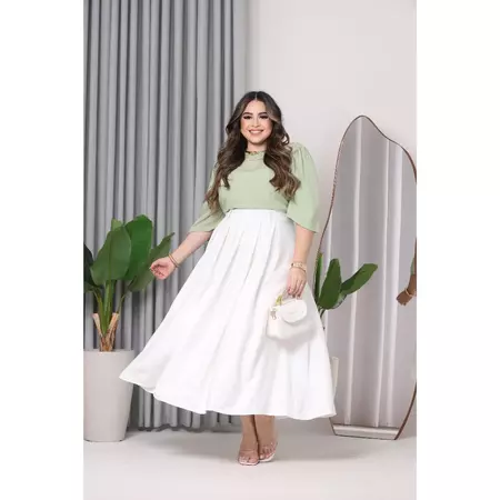 Saia Midi Feminina de Alfaiataria Amarelo Manteiga – Cintura Alta e Pregas Elegantes Moda Modesta