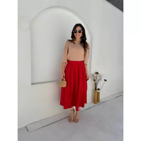 Saia Midi Feminina de Alfaiataria Amarelo Manteiga – Cintura Alta e Pregas Elegantes Moda Modesta