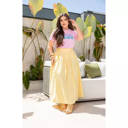 Saia Midi Feminina de Alfaiataria Amarelo Manteiga – Cintura Alta e Pregas Elegantes Moda Modesta