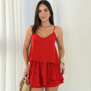 Macaquinho Feminino Soltinho com Alça Ajustável e Camadas de Babado em Crepe com Toque de Seda Moda Verão