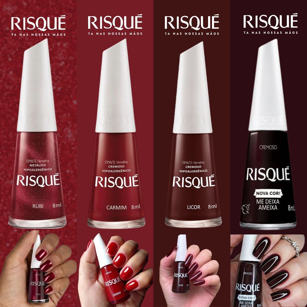 Kit 4 Esmaltes Risqué Tons Vermelhos Marrom Nova Coleção Risque ...