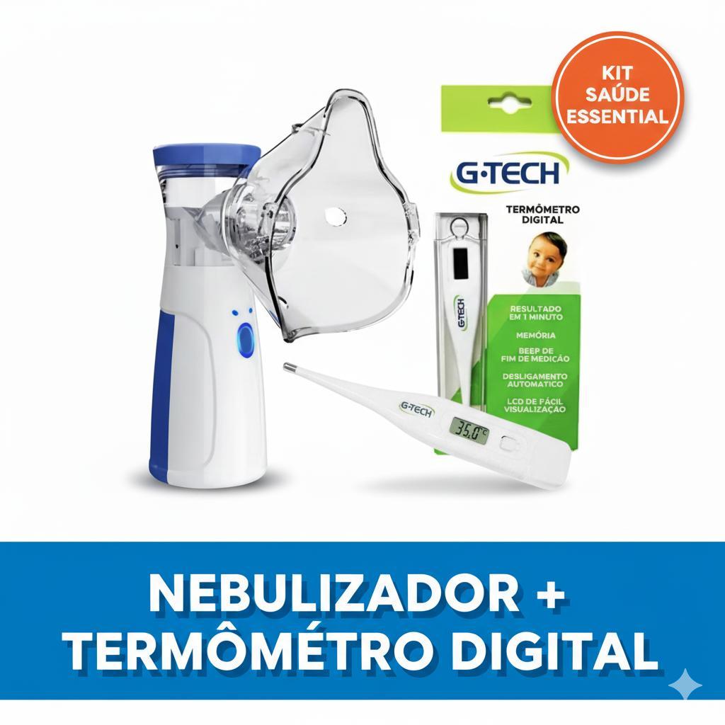 KIT SAÚDE FAMÍLIA: Nebulizador Ultrassônico Portátil Adulto e I antil Termômetro Digital G-Tech