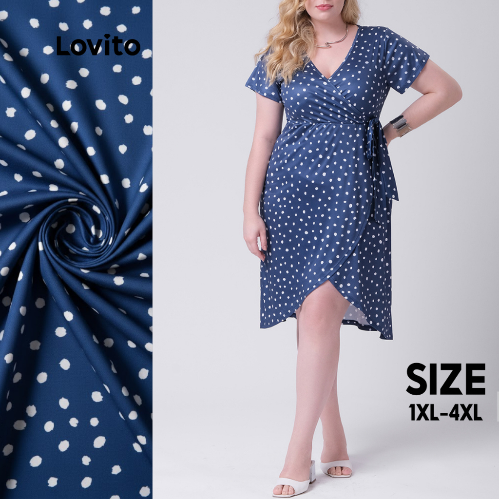 Lovito Vestido Feminino Plus Size Manga Curta e Frente Assimétrica Transpassada Estampa Poá Bolinhas LB422BRL451