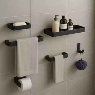 Kit Acessórios Para Banheiro 6 Peças Preto Em Alumínio Durável Lavabo