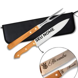 Kit Churrasco Personalizado com Faca + Garfo + Estojo Gravado Laser Nome Logo Brasão Presente Natal