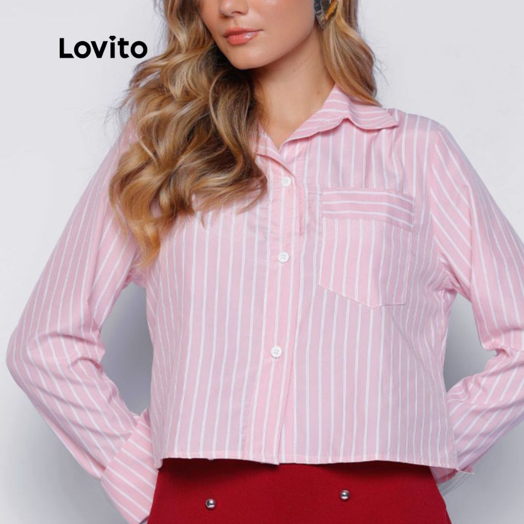 Lovito Camisa Listrada Rosa Alfaiataria Bolsos Cropped Feminina Oversized LB1305BRL1335