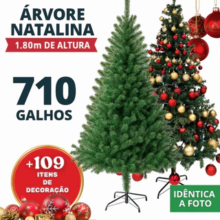ÁRVORE DE NATAL COMPLETA 1,80M COM 710 GALHOS + ITENS DECORATIVOS — PRONTA PARA MONTAR