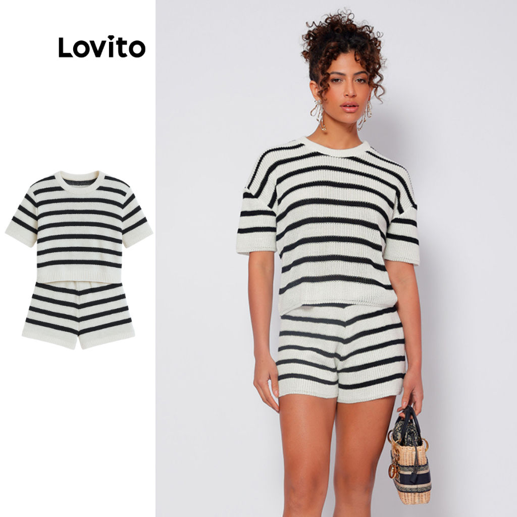 Lovito Conjunto Shorts Listrados Casuais Feminino LB815BRL845
