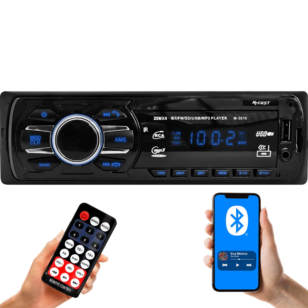 Rádio MP3 Som Automotivo Bluetooth Universal 1 Din LED Azul 2 USB Auxiliar Leitor Cartão SD 3010