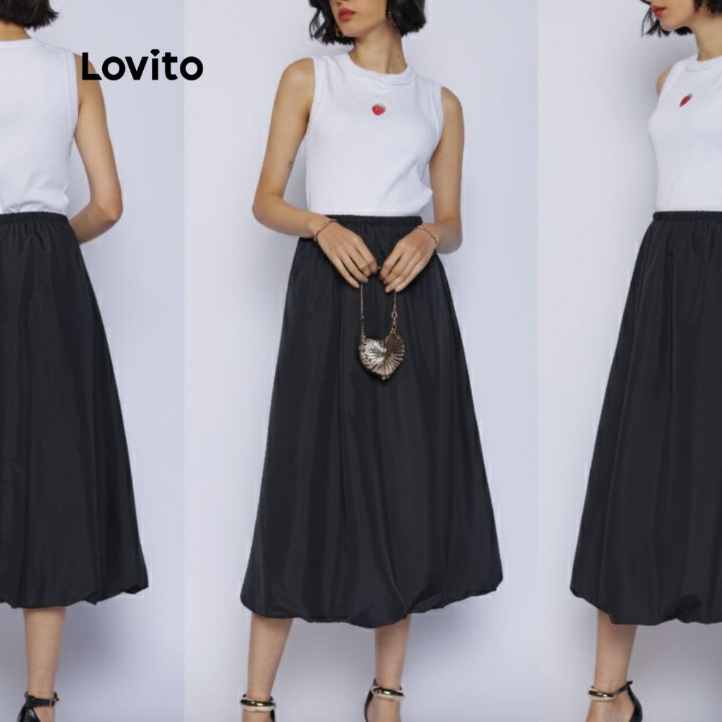 Lovito Saia Midi Balone Preta Chique Moda Modesta Feminina LB1259BRL1289