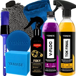 Kit Produto para Lavar Moto Cera Tok Final Shampoo V-Floc Desengraxante Limpador de Corrente Foxy Razux