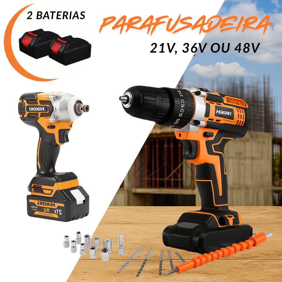Furadeira e Parafusadeira Impacto 21v 36v 48v com Maleta e 2 Baterias ...