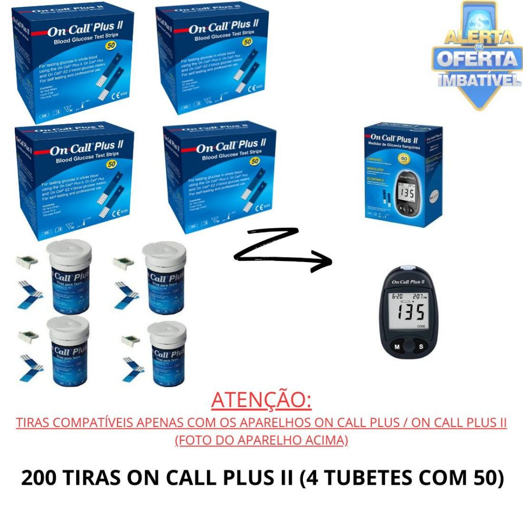 200 Tiras/Fitas para Medição de Glicose ( 4 TUBETES ) - On Call Plus 2 ...