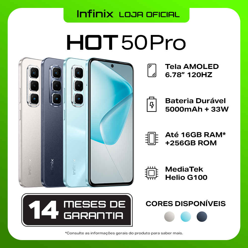 Infinix Hot 50 Pro 256GB 16GB RAM,Câmera 50MP, Bateria 5000mAh, Processador MediaTek Helio G100, Novo Versão Global