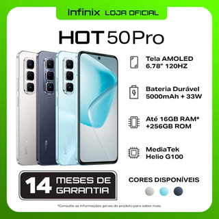 Infinix Hot 50 Pro 256GB 16GB RAM,Câmera 50MP, Bateria 5000mAh, Processador MediaTek Helio G100, Novo Versão Global