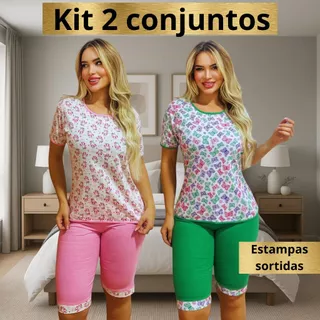 Kit 2 Conjunto Pijama Pescador Camiseta Malha 100% Algodão Babydool Feminino Dormi Confortável Capri em Oferta na Shopee