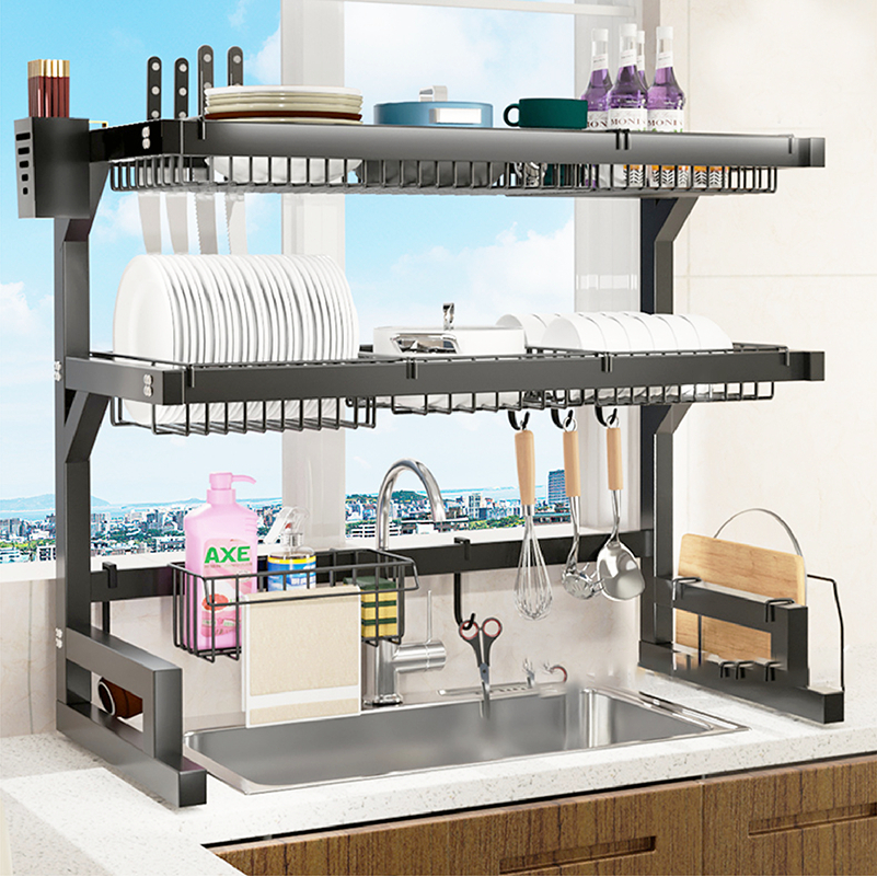 Escorredor Kitchen Rack Aço Inoxidável Organizador Louça Preto 65cm/85cm Com 4 presentes