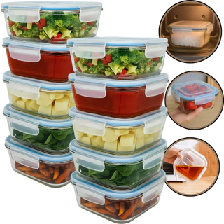 Kit 10 ou 5 Potes de Vidro 800ml Hermético 4 Travas Quadrado Marmita Fit Alimentos