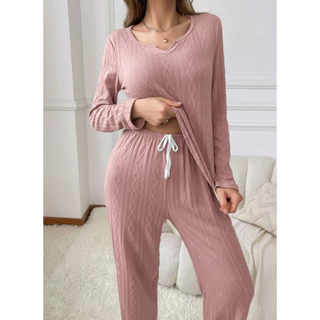 Conjunto Pijama Longo Canelado Manga Longa Calça  Feminina em Oferta na Shopee