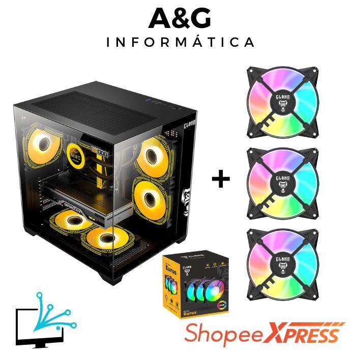 Gabinete Gamer Cubo Aquario Grodd Night Preto + Kit 3 Fans RGB Eurus ...