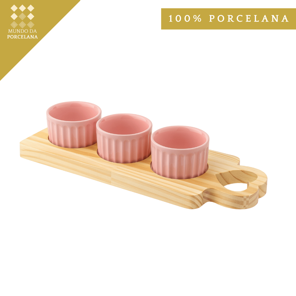 Kit para Molhos e Tempero Ramequins Rosa de Porcelana com Tabua de Madeira Lar e Decoração