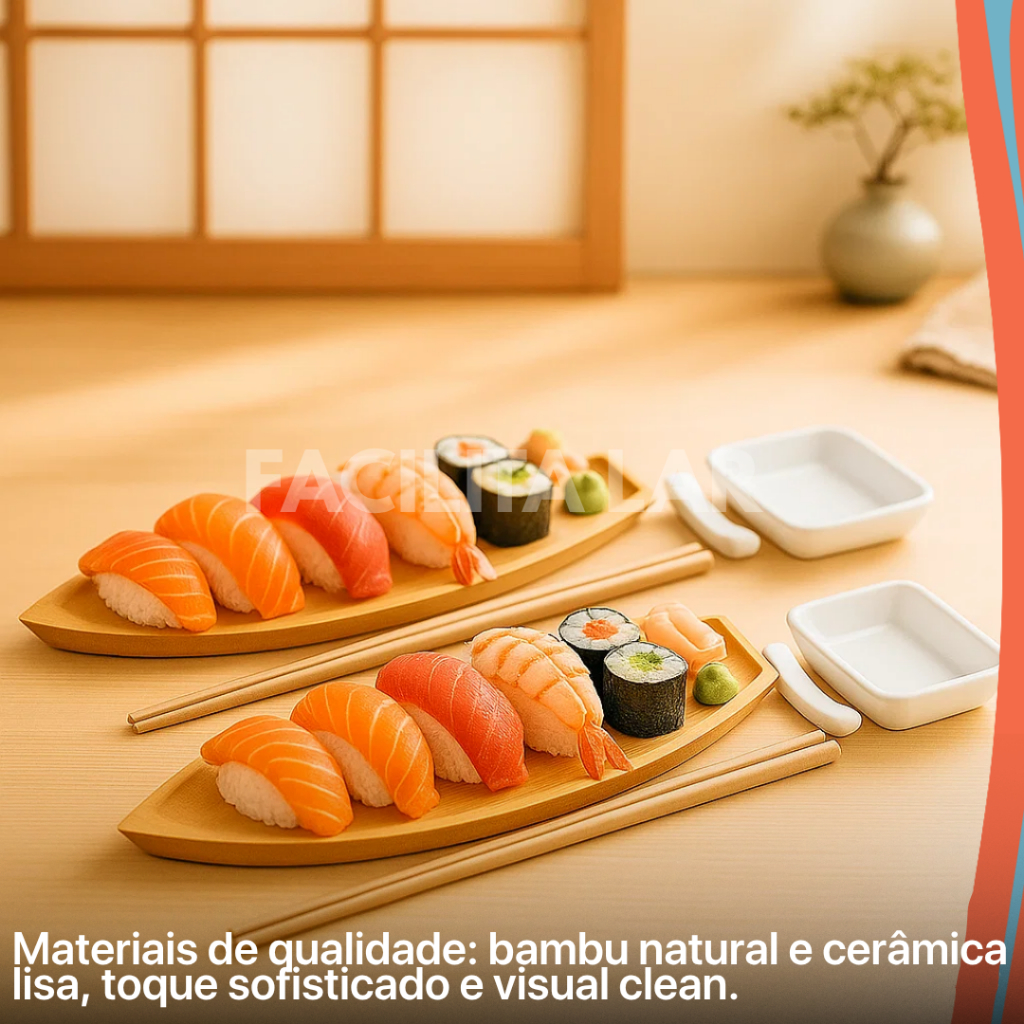 Conjunto 8 Peças para Sushi de Bambu Nagasaki Lyor – 2 Barcas, 2