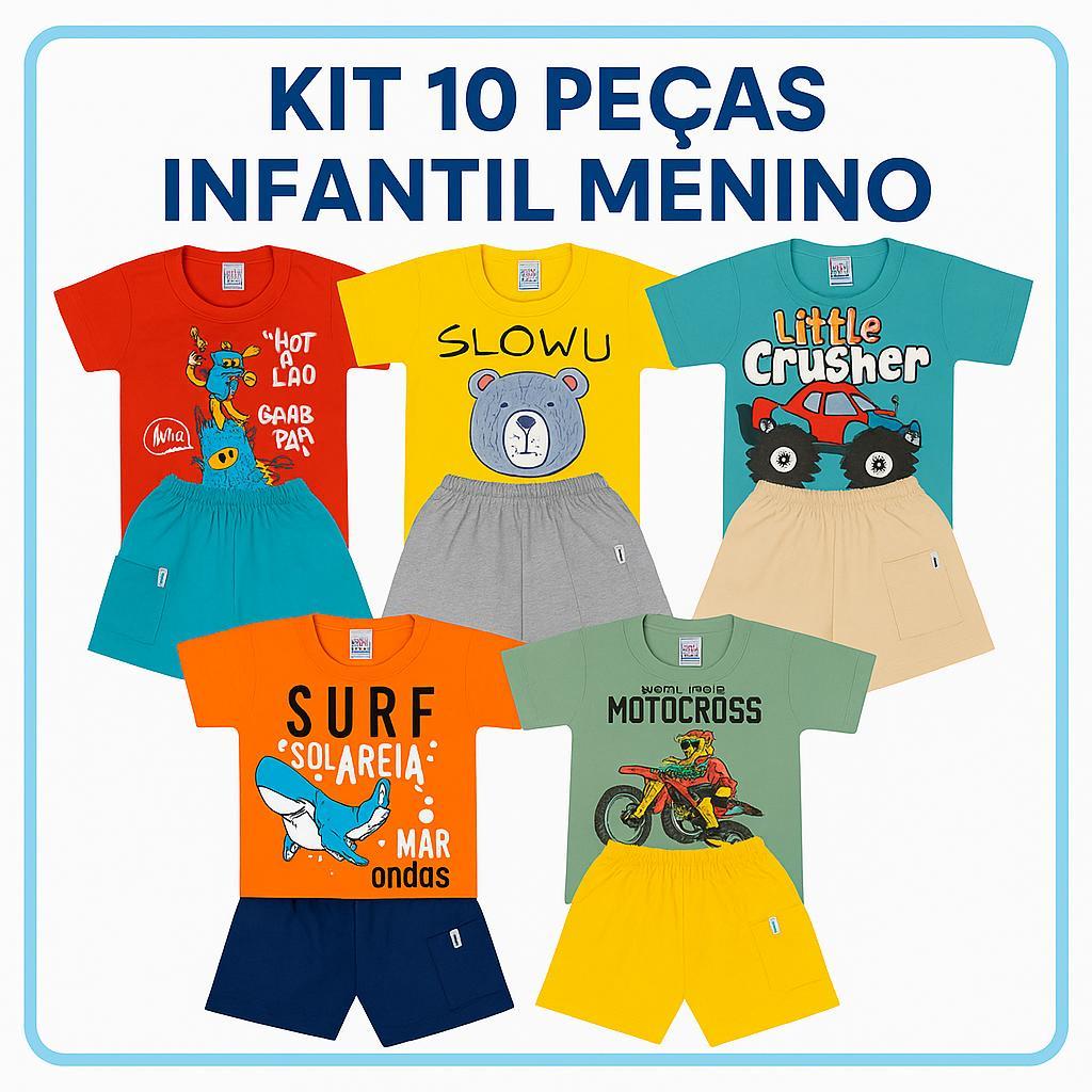 Conjunto Infantil Masculino Menino Verão 10 Peças ( 5 Camisetas + 5 Bermudas ) Roupas Sortidas