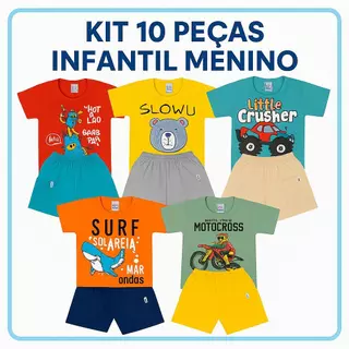 Conjunto Infantil Masculino Menino Verão 10 Peças ( 5 Camisetas + 5 Bermudas ) Roupas Sortidas