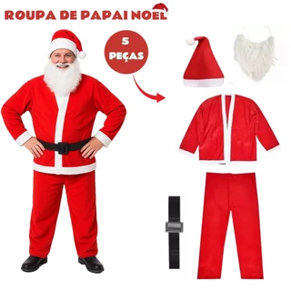Kit Papai Noel Completo 5 Peças Adulto Fantasia Completa Roupa de Papai Noel Natal (Gorro, Barba, Calça, Cinto e Casaco)