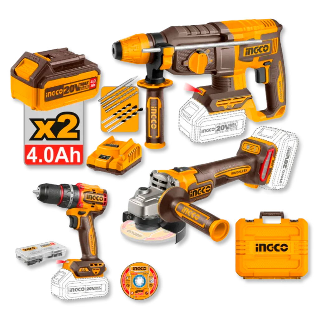 Combo Ingco P20S 20V Parafusadeira 66Nm + Esmerilhadeira 1000W + Martelete 2.5J com 2 Baterias 4.0Ah