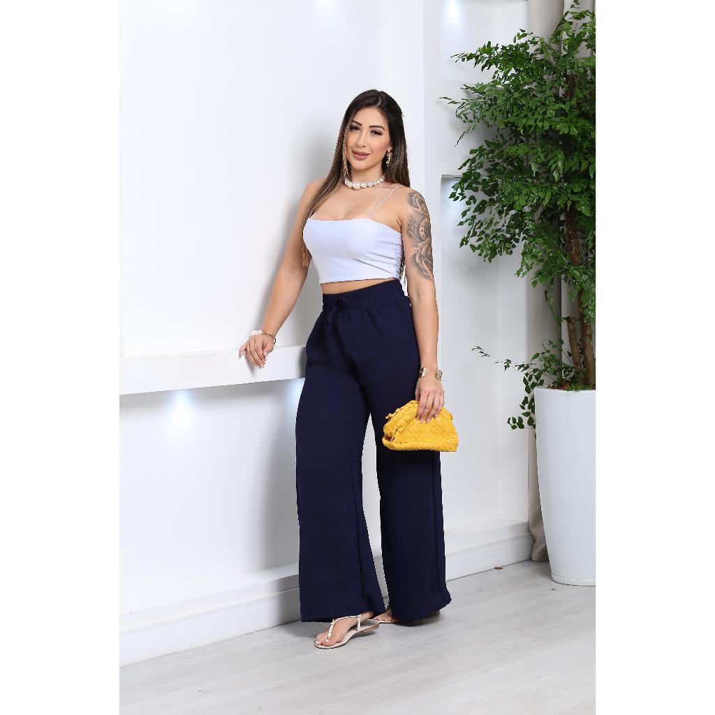 Calça Social Não Amassa Feminina Pantalona Tecido Duna Wide Leg ...
