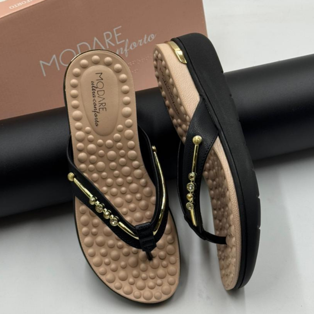 Chinelo Modare Ultra Conforto Preto com Detalhes Dourados e Pedrarias ...