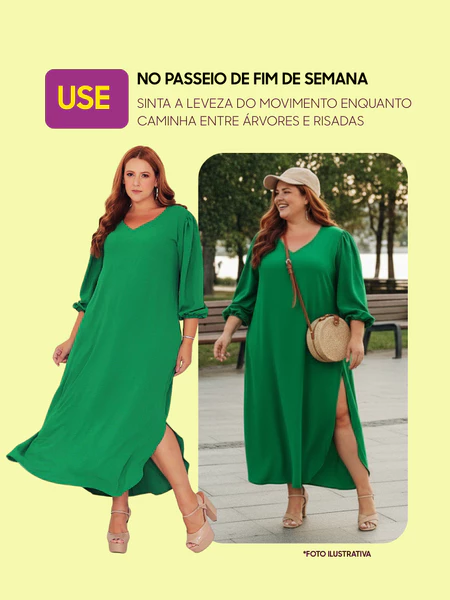 Vestido longo plus size curvy solto fenda lateral duna 