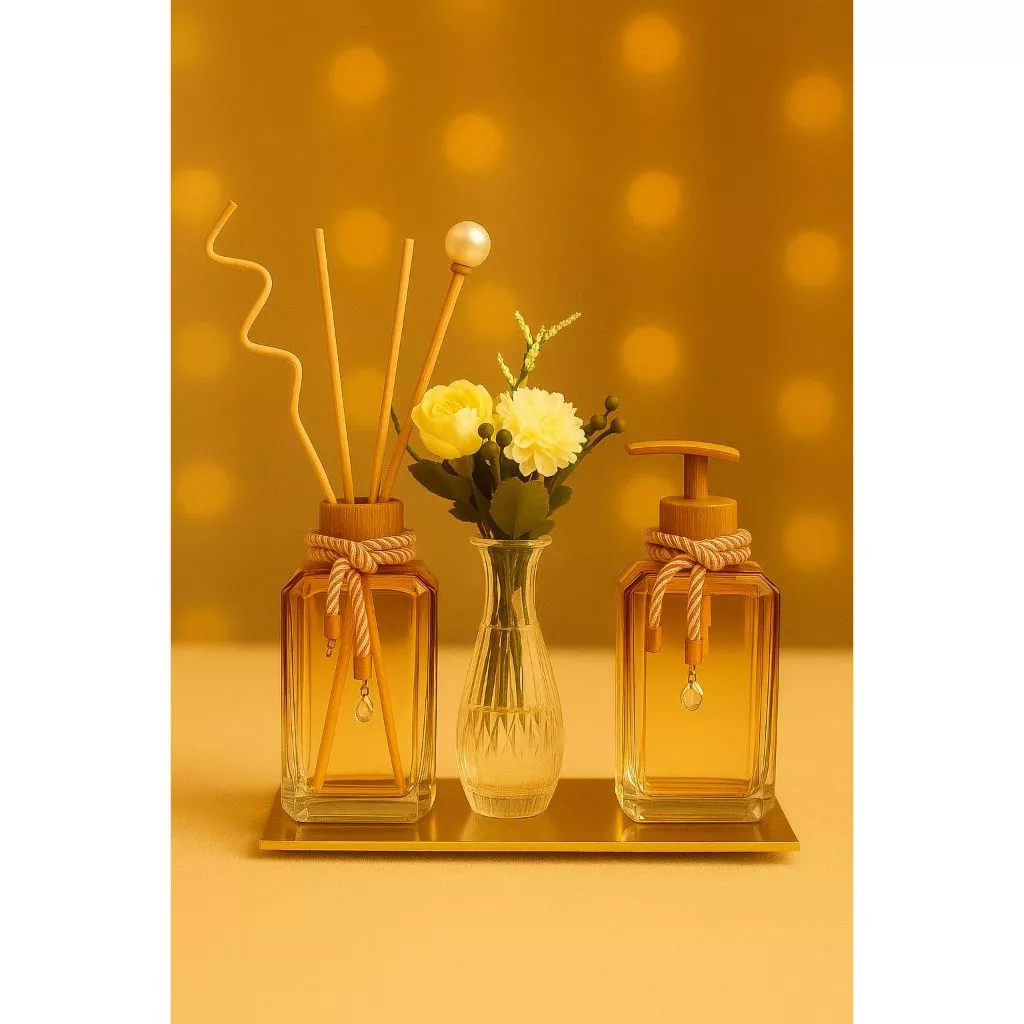 Kit Aromatizador de Ambiente + Saboneteira Luxo Vidro Âmbar Decoração Difusor Varetas Presente