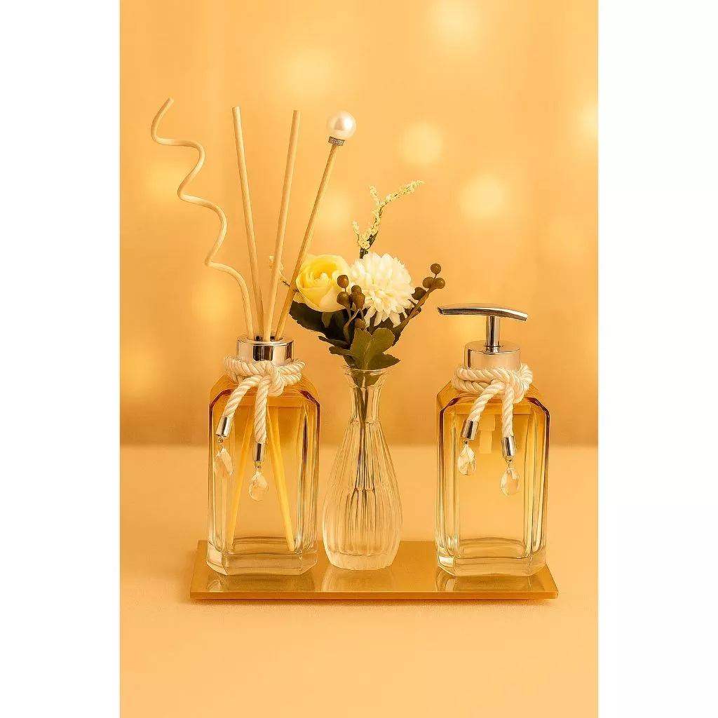 Kit Aromatizador de Ambiente + Saboneteira Luxo Vidro Âmbar Decoração Difusor Varetas Presente