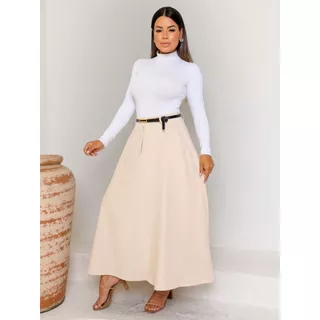 Saia Feminina Longa Rodada Alfaiataria Com Cinto Moda Evangélica Elegante Confort